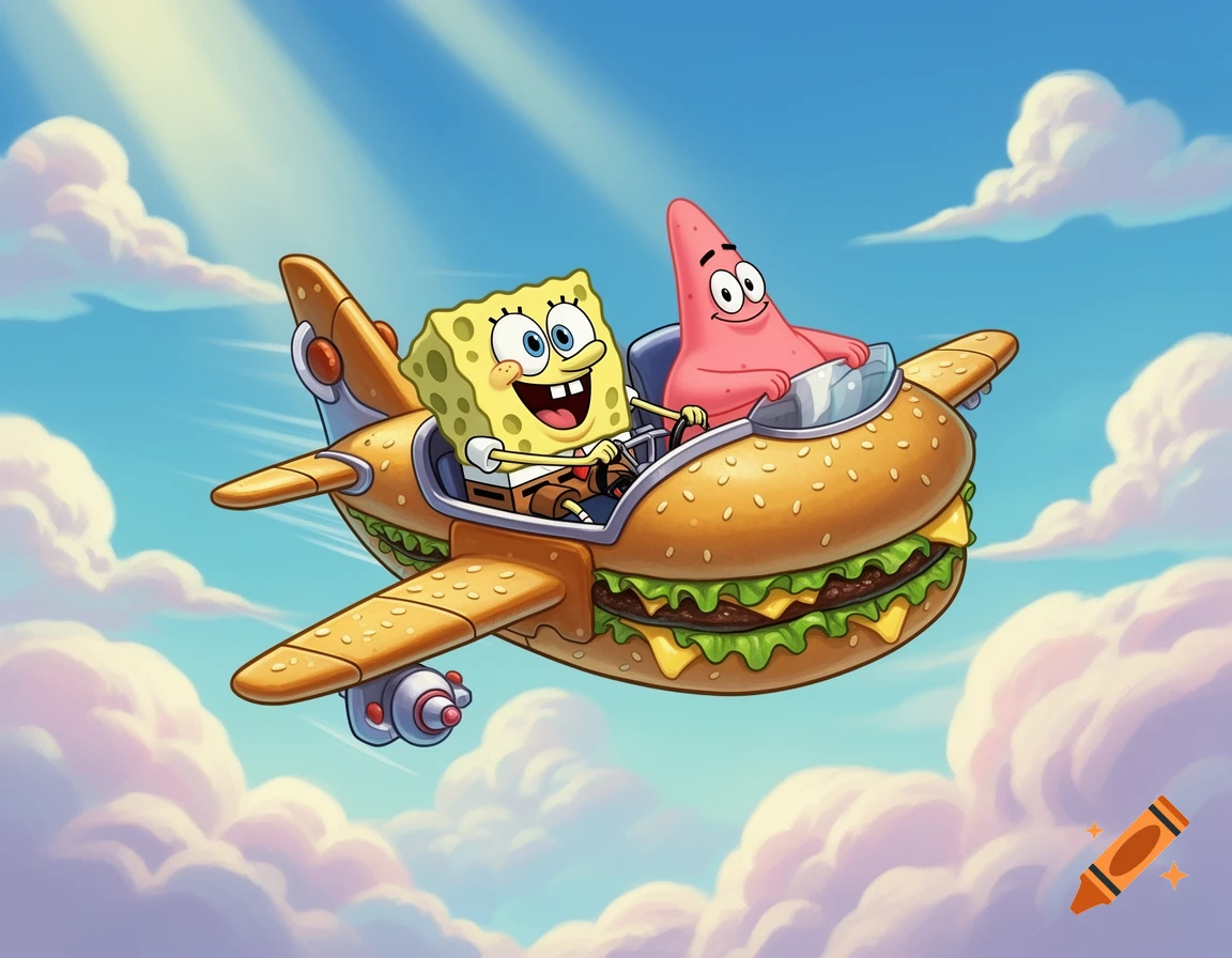 SpongeBob and Patrick fly a hamburger-shaped airplane through a blue sky with clouds in a cartoon style.