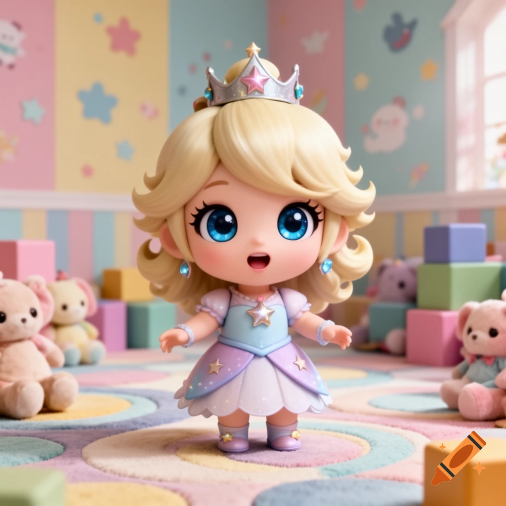 A cute chibi Rosalina doll with blonde hair, a crown, and a pastel dress stands in a colorful, toy-filled playroom, in anime style.