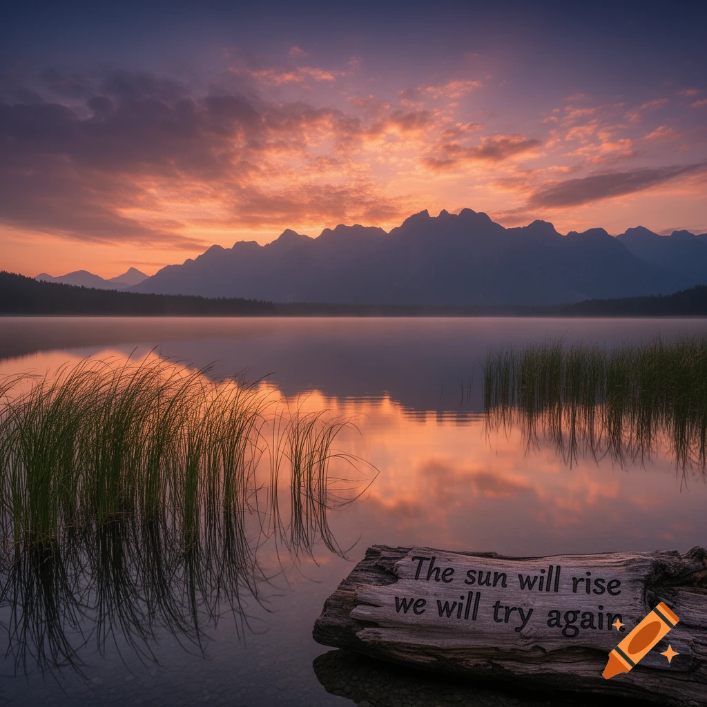 Vibrant sunrise over a calm lake reflecting mountains and clouds, with a log bearing text 'The sun will rise we will try again' in the foreground.