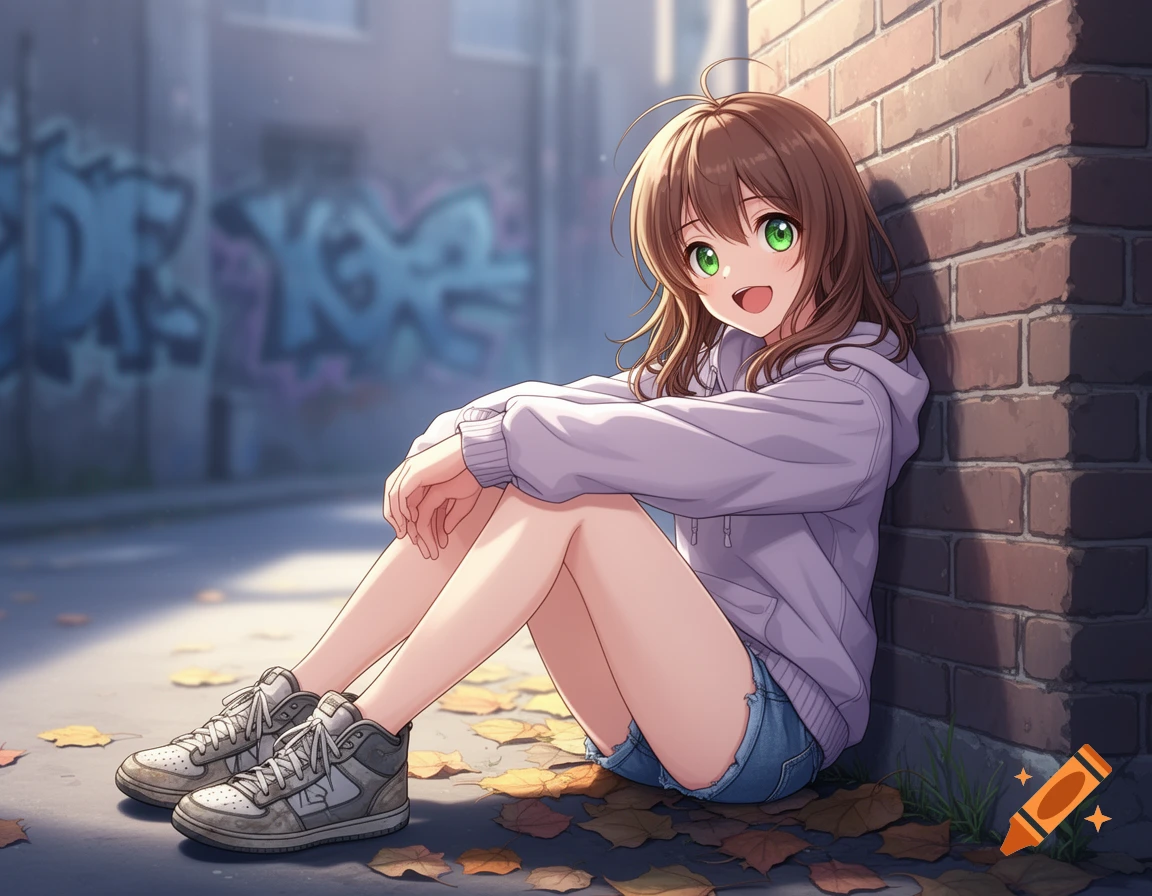 Anime girl with brown hair and green eyes, wearing a purple hoodie and denim shorts, sitting on a street with graffiti.