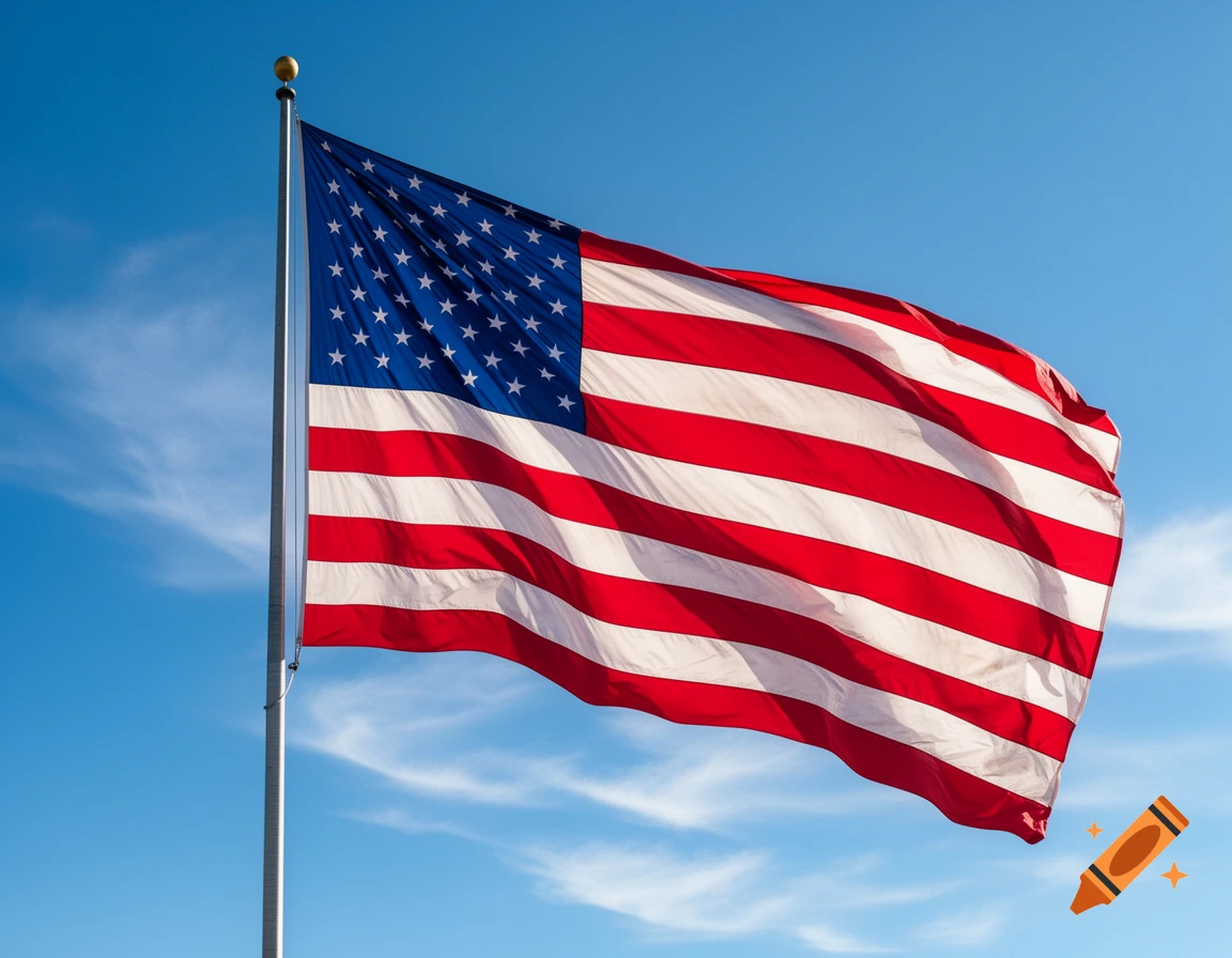 A large American flag waves against a clear blue sky.