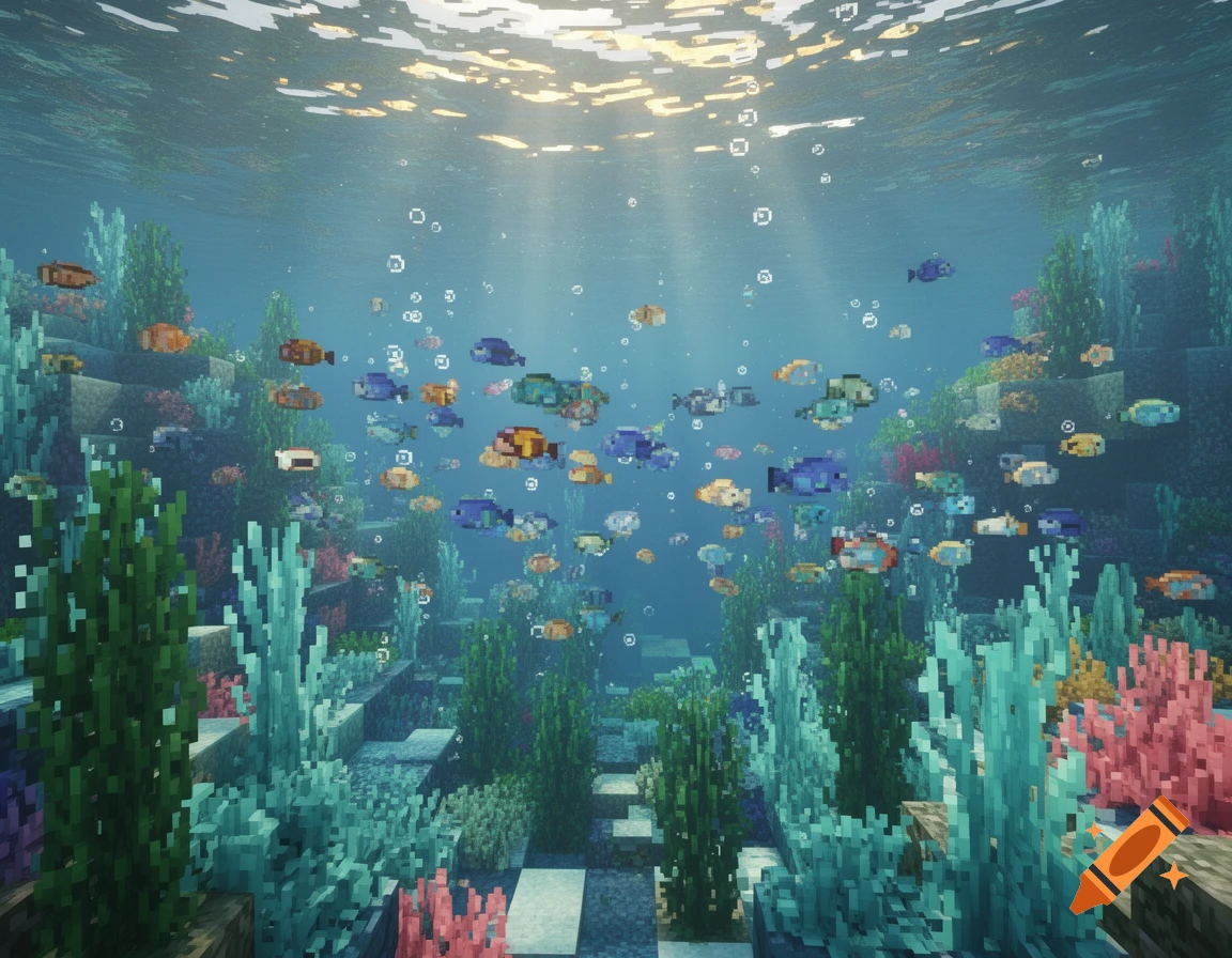 An immersive voxel art underwater scene with schools of colorful pixelated fish and diverse aquatic plants, illuminated by sunrays.