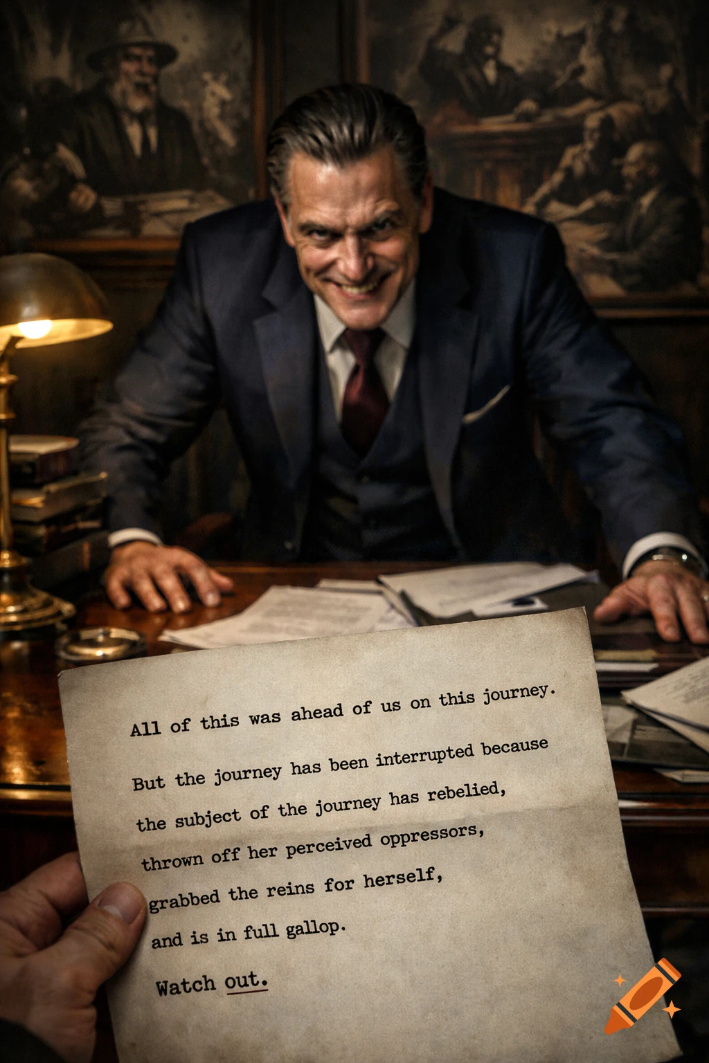 Close-up of a man with an unsettling smile behind a desk, as a hand in the foreground holds a threatening note with text.