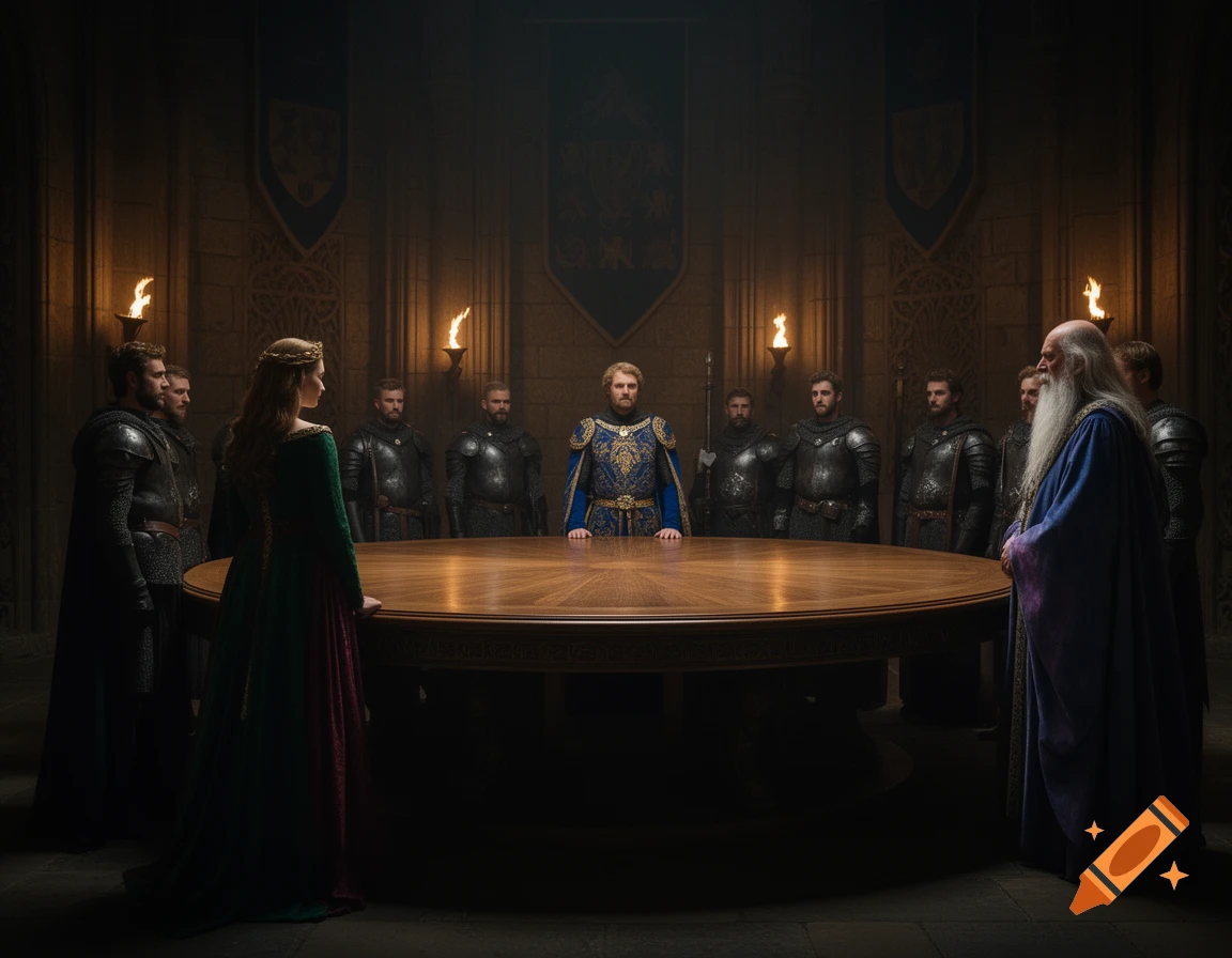 A king, knights, a queen, and an old wizard stand around a large round table in a dimly lit castle hall.