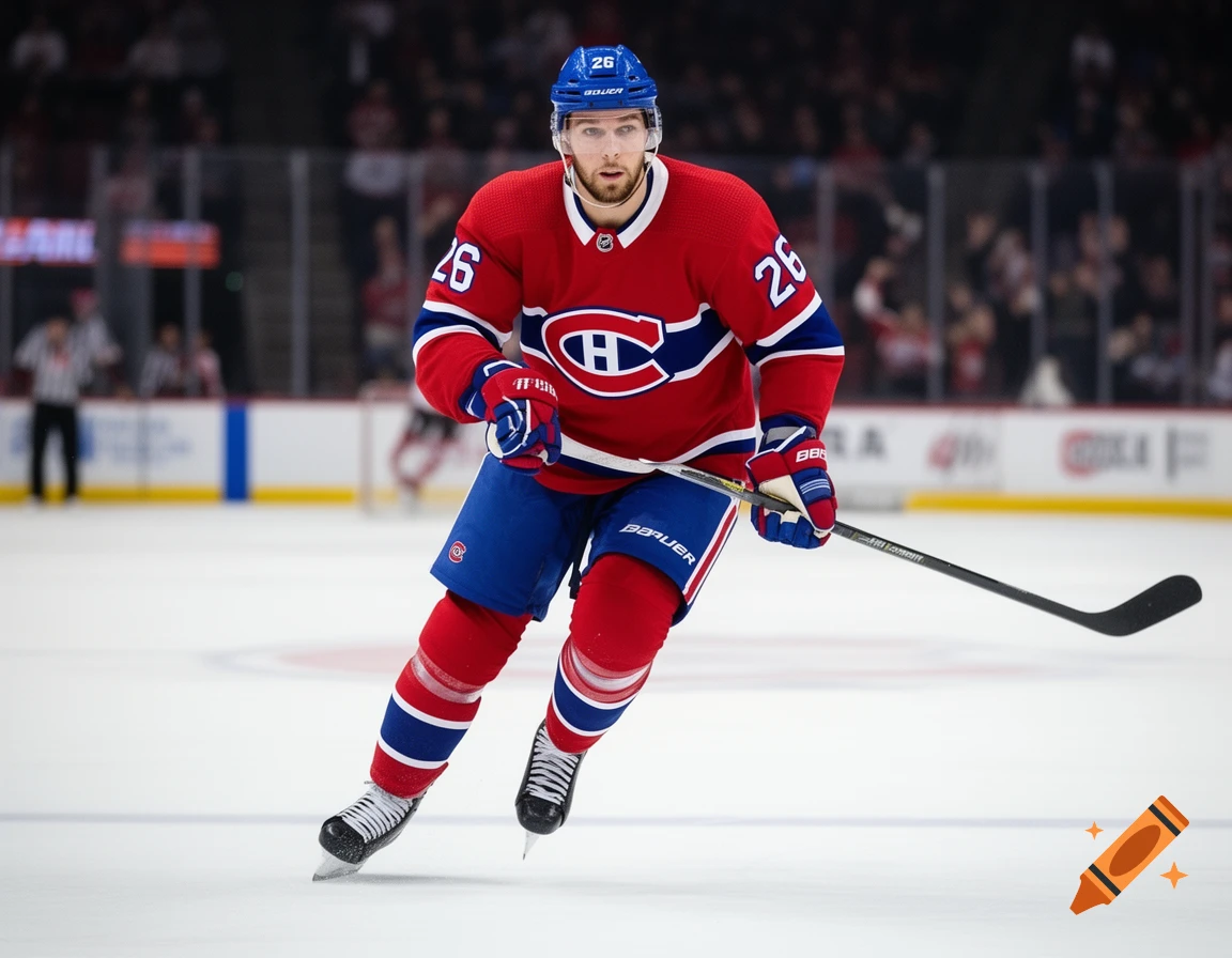 A male hockey player in a red and blue Montreal Canadiens uniform skates on an ice rink, holding a stick.