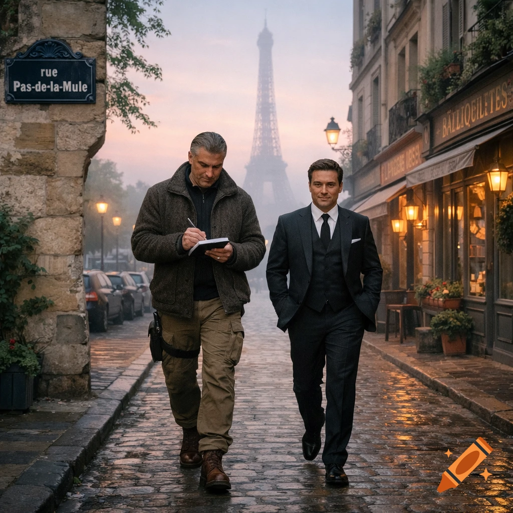 Two men walk on a wet cobblestone street in Paris at dawn, one writing in a notebook, with the Eiffel Tower in the misty background.
