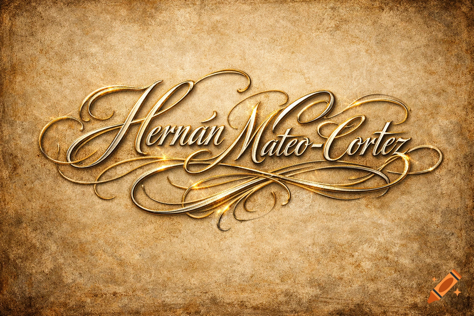 Golden, fancy cursive signature for 'Hernán Mateo-Cortez' on a textured brown background, with elegant flourishes and highlights.