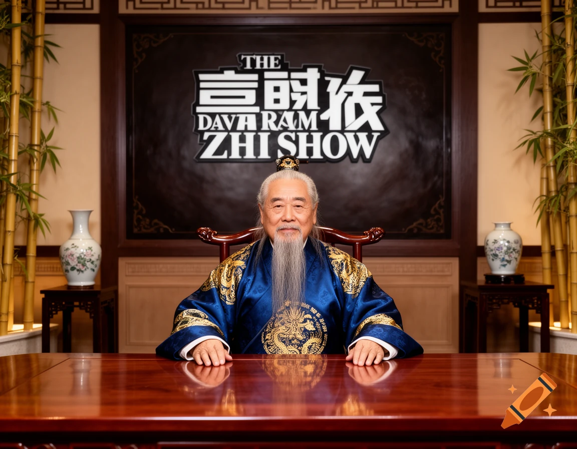 Elderly Chinese man with a long grey beard and blue traditional outfit sitting at a polished wooden desk on a TV show set with a large logo and bamboo plants.
