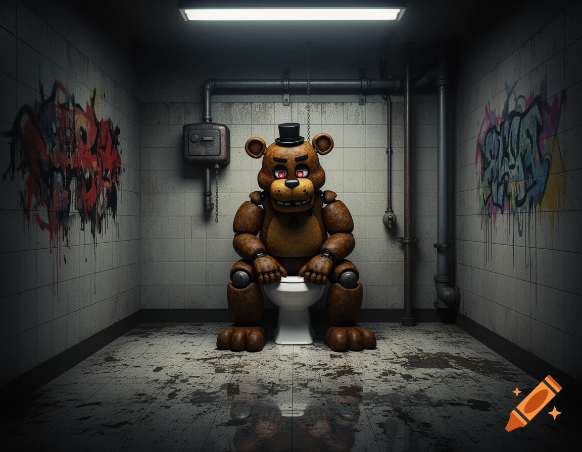 Freddy Fazbear, a brown animatronic bear with a top hat and glowing red eyes, sits on a toilet in a dark, dirty bathroom with graffiti on the walls.