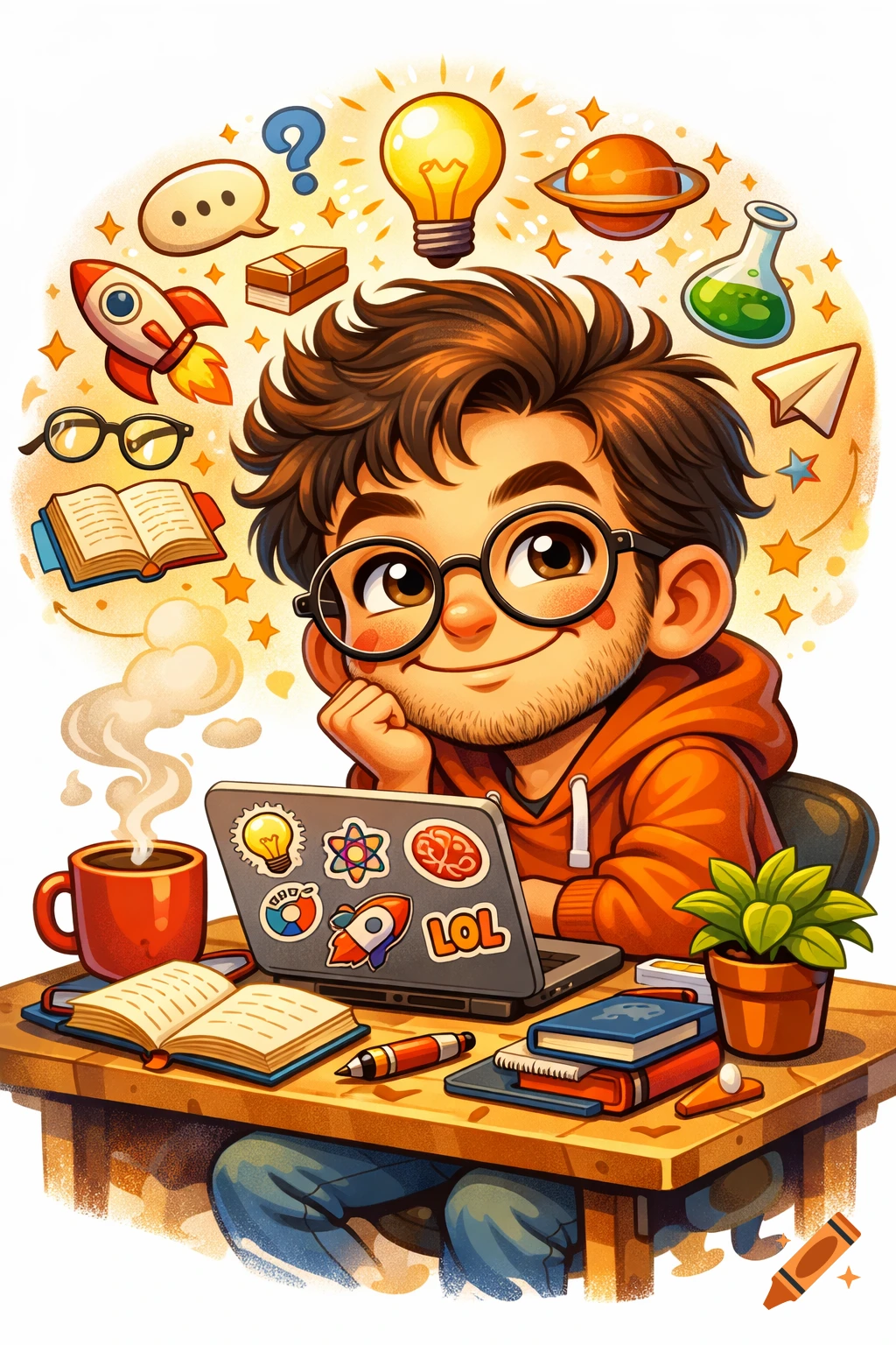 A whimsical digital cartoon of a boy with glasses at a desk with a laptop, coffee, and books, surrounded by floating icons like a lightbulb and rocket.