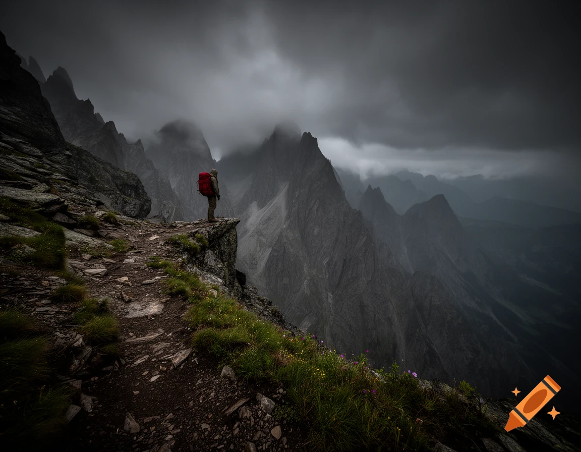 A hiker with a red backpack stands on a rocky cliff overlooking a vast, cloud-covered mountain range under a dark, dramatic sky in a photorealistic style.