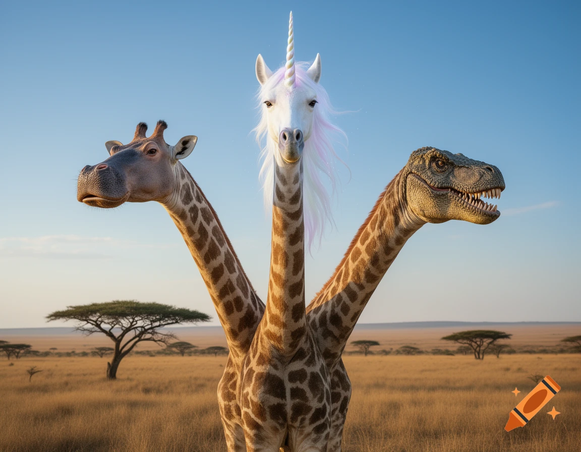 A three-headed giraffe with a hippo, unicorn, and T-Rex head stands in a photorealistic African savanna.