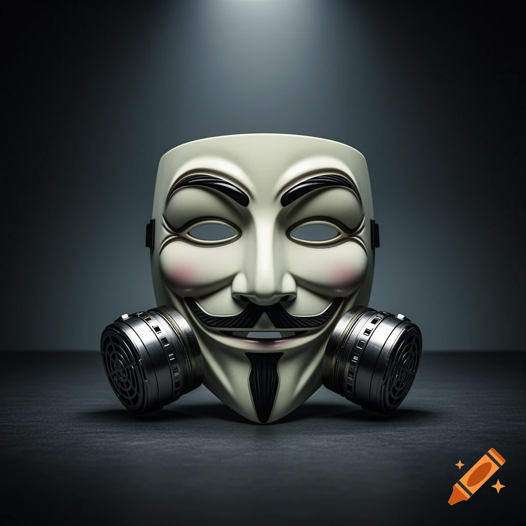 A photorealistic studio shot of a white Guy Fawkes mask with two silver respirator filters attached to its sides.