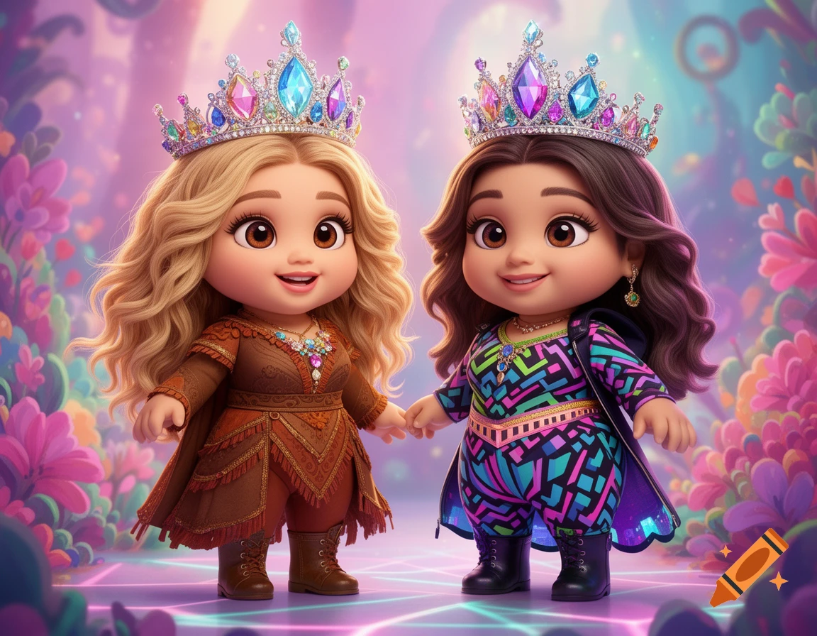 Two cute chibi-style dolls, one with blonde hair and the other with brown hair, both wearing sparkling jeweled crowns and colorful outfits, holding hands in a magical floral setting.