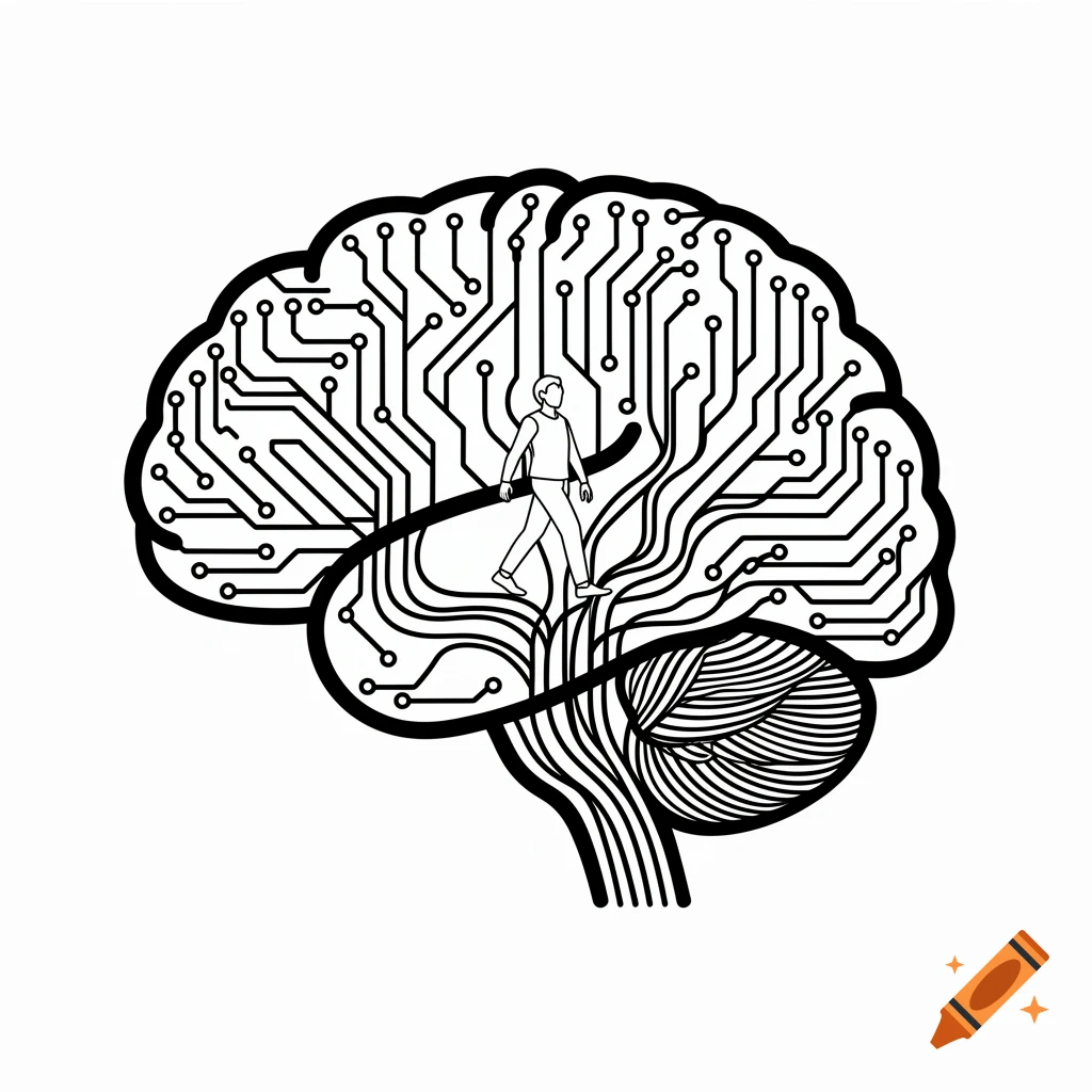 Black and white line art of a human brain made of circuits, with a small person walking inside.