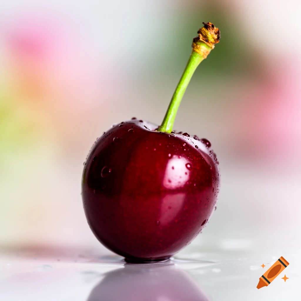 A close-up of a dark red cherry covered in water droplets, with a green stem, on a reflective surface.