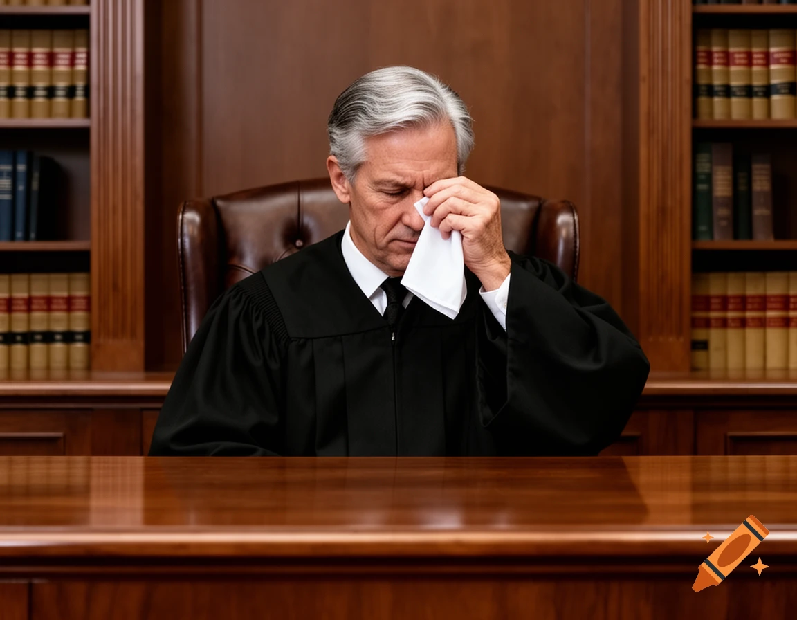 A judge in a black robe sits behind a wooden desk, wiping his eyes with a white tissue in a courtroom with bookshelves.