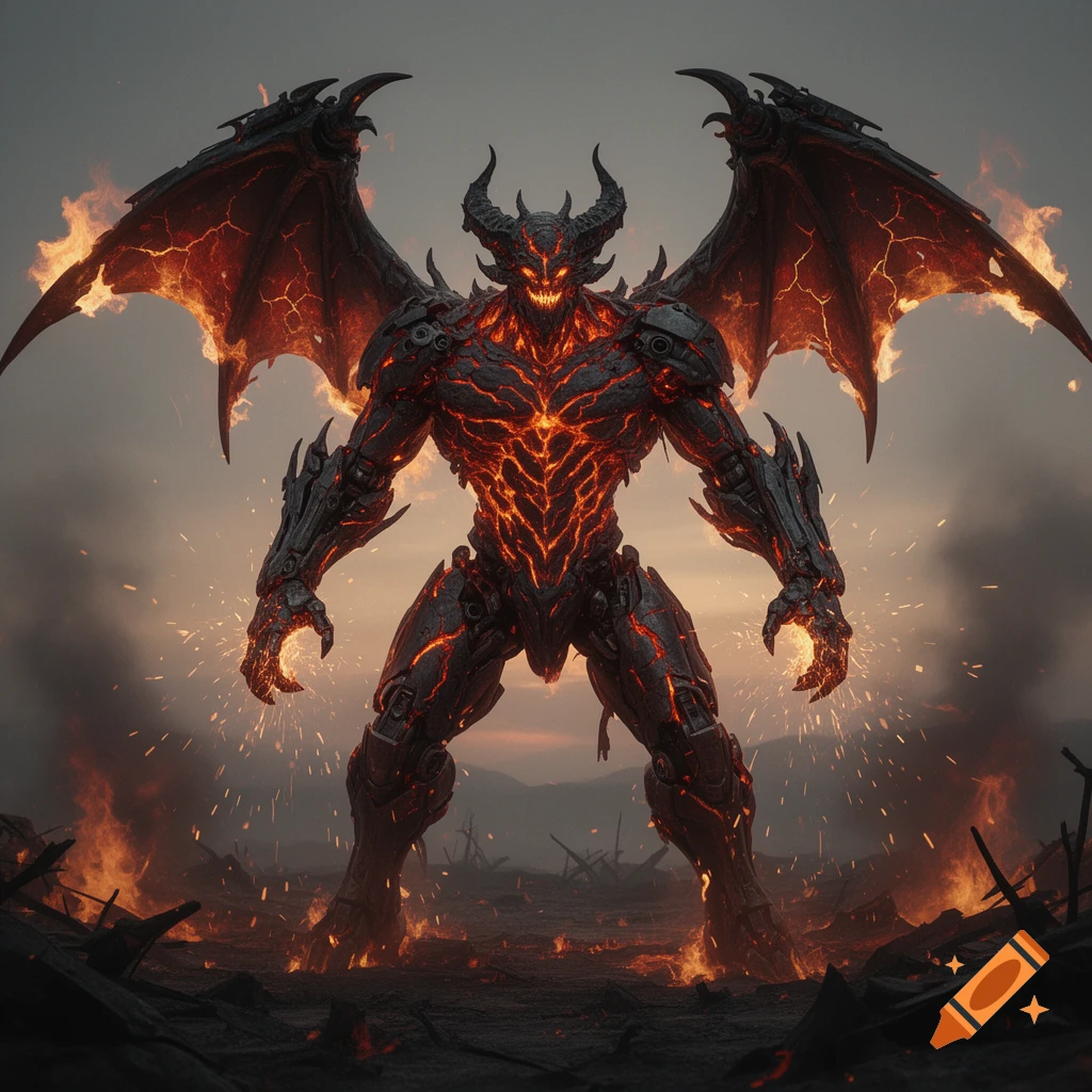 A powerful, fiery demonic battle machine with glowing red cracks and large wings stands in a desolate, burning landscape.