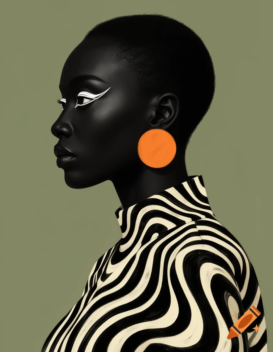 A graphic profile portrait of a person with deep black skin, short hair, white graphic eyeliner, and a large orange circular earring, wearing a black and white wavy patterned top against a muted olive green background.