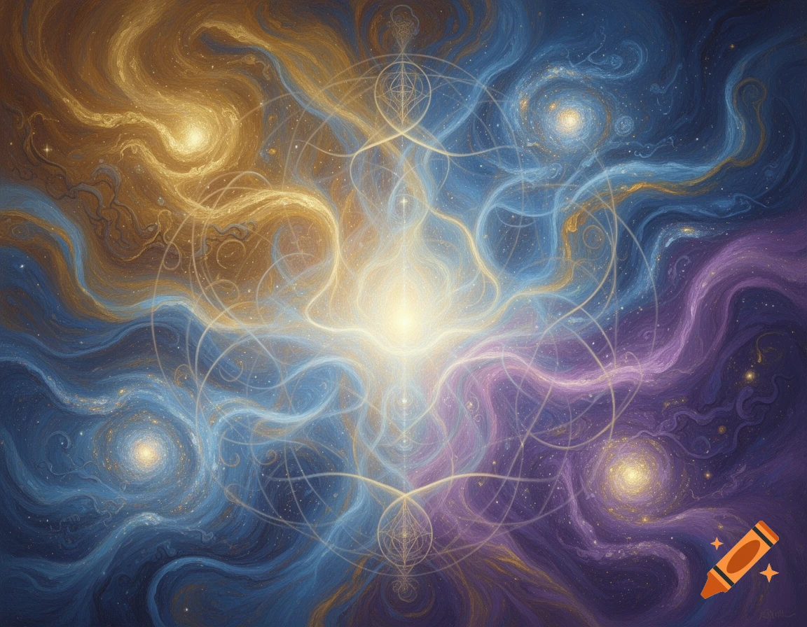 Abstract cosmic art with swirling golden, blue, and purple nebulae, a bright central light, and sacred geometry patterns.