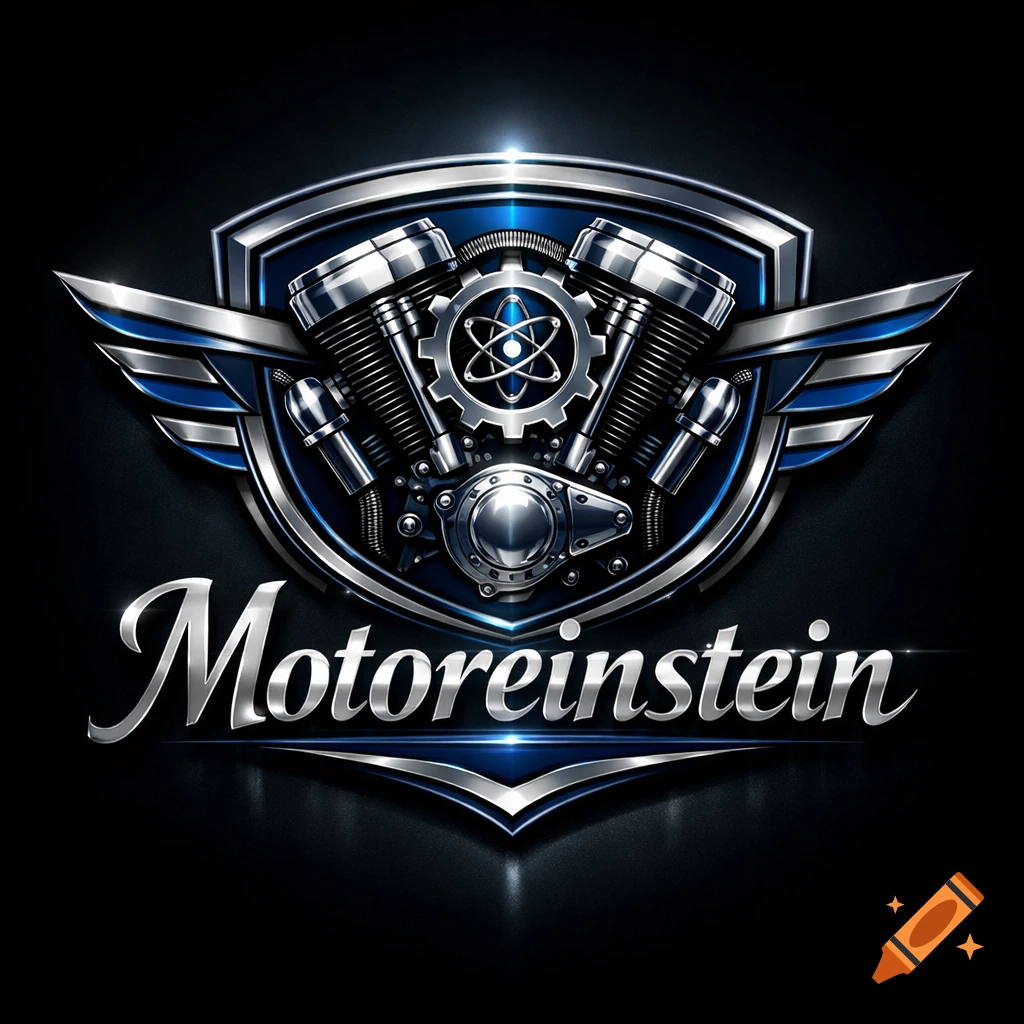 A shiny chrome and blue luxury motorcycle logo featuring engine cylinders, wings, a gear with an atom symbol, and 'Motoreinstein' text.