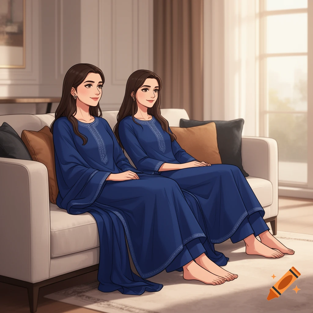 Two webtoon-style Pakistani women in sapphire shalwar kameez sitting barefoot on a couch in a cozy modern living room.