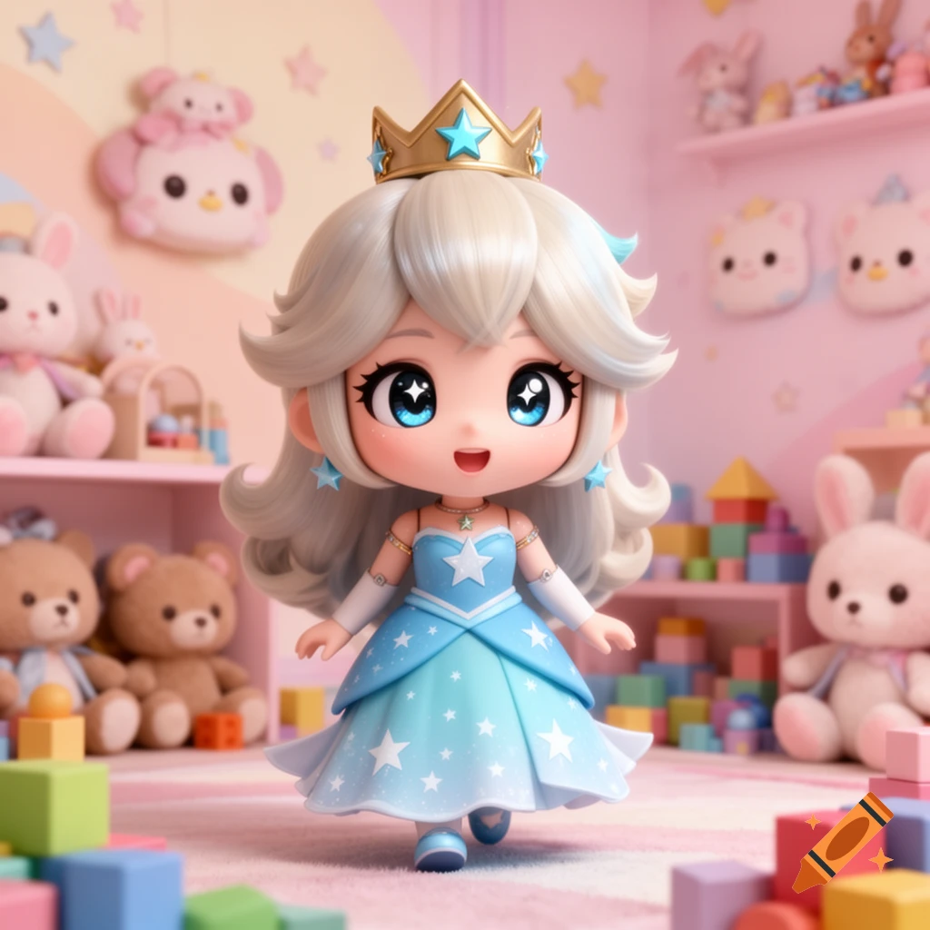 A cute chibi Rosalina doll with silver hair and a blue star dress stands in a kawaii pink playroom filled with toys.