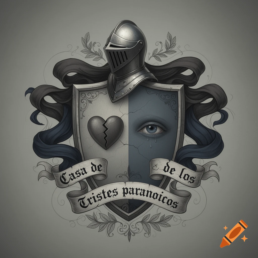 Detailed gothic illustration of a family crest featuring a knight's helmet, a shield with a broken heart and a crying eye, and banners with Spanish text.