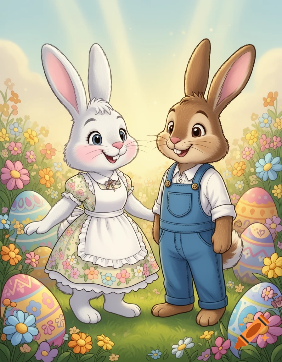 A cartoon female Easter bunny in a dress and a male Easter bunny in overalls stand in a field with flowers and decorated Easter eggs.