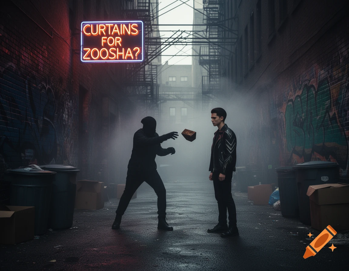 A hooded figure throws an object at a man in an atmospheric, smoky urban alley with a neon sign that reads 'CURTAINS FOR ZOOSHA?'.