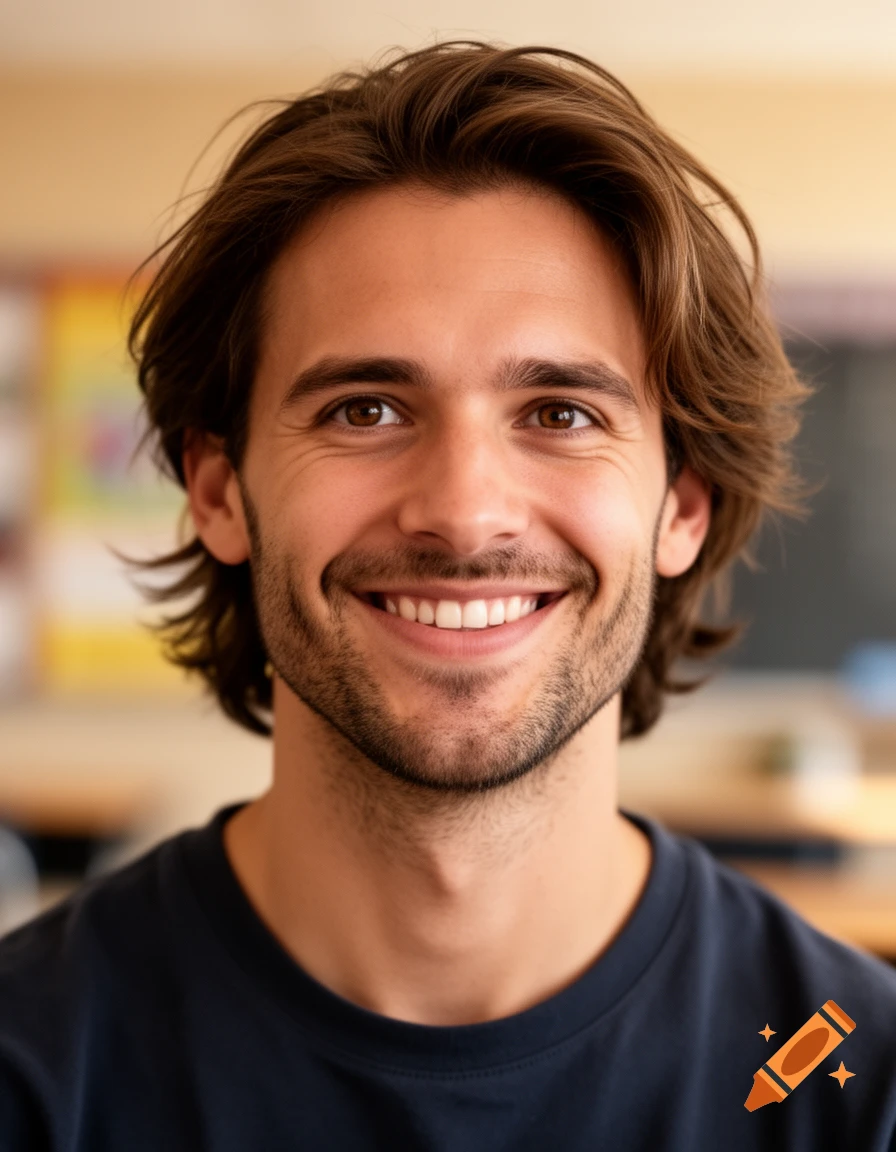 Photorealistic portrait of a smiling man with brown hair and light beard.