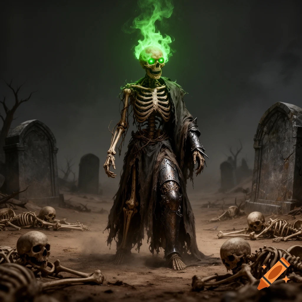 A skeletal figure with glowing green eyes and a head wreathed in green fire stands in a dark, foggy graveyard surrounded by scattered bones and tombstones.