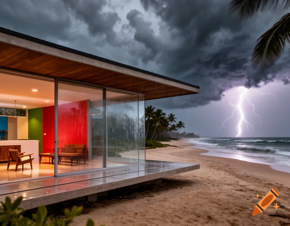 A mid-century modern beach house with glass walls overlooks a stormy ocean with a lightning strike, rain streaks on the windows.