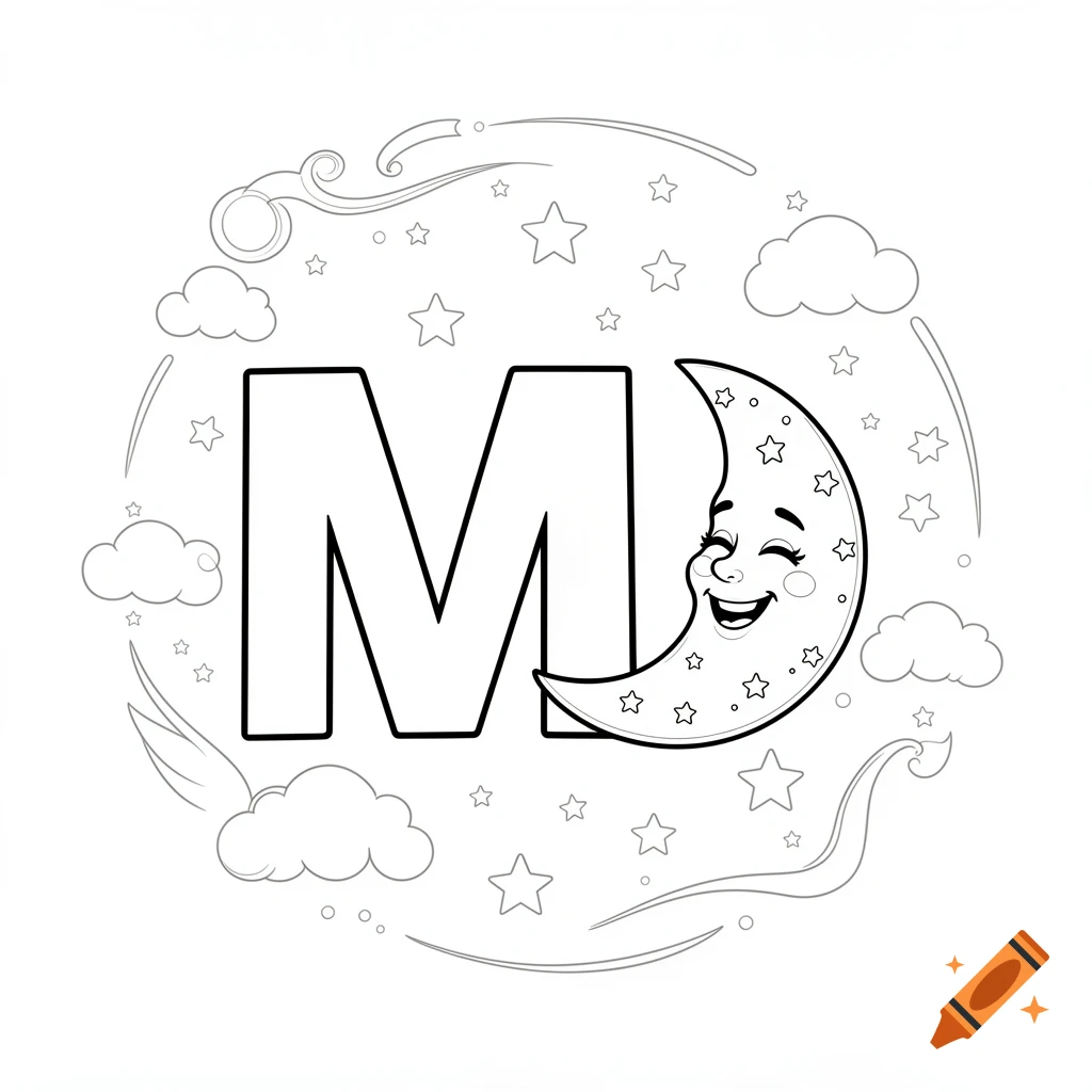 Black and white coloring page featuring a large letter M and a happy cartoon crescent moon, surrounded by stars and clouds.