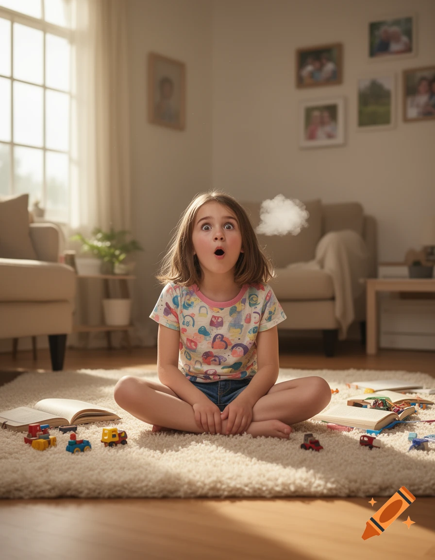 A young girl with a surprised expression sits cross-legged on a rug in a sunlit living room with a puff of smoke next to her head.