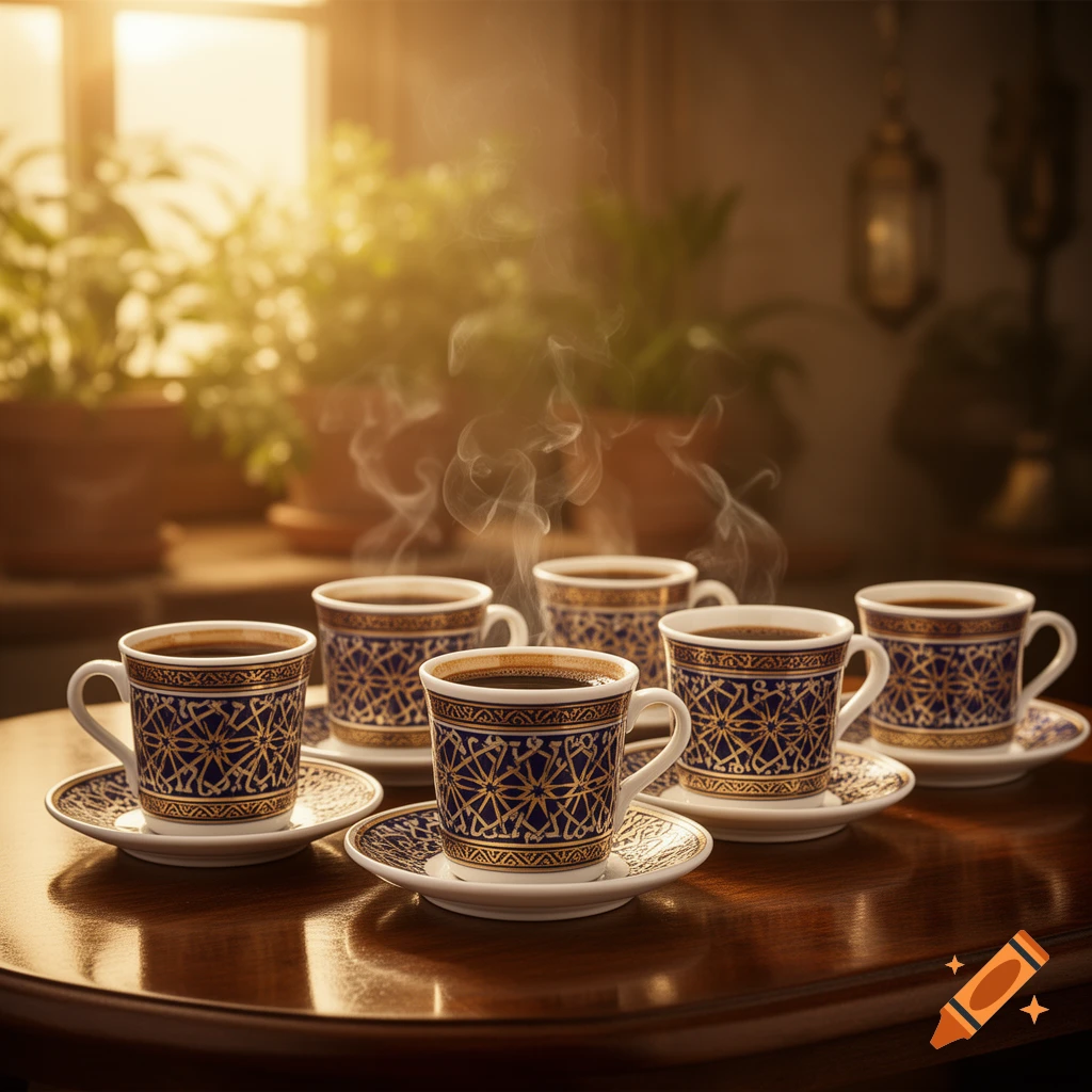 Six steaming ornate blue and gold Turkish mocha cups on a wooden table, illuminated by warm sunlight.