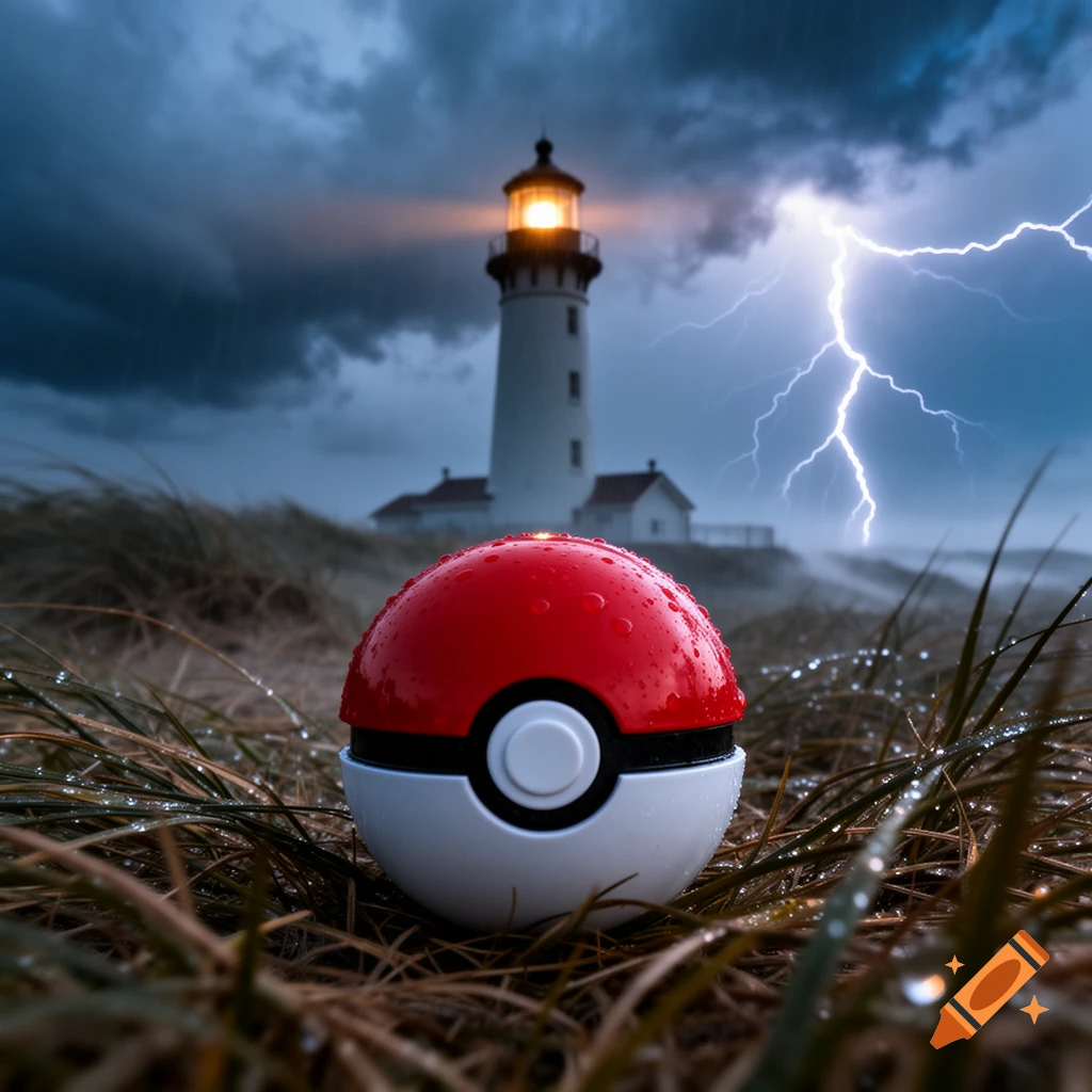 Photorealistic image of a wet Pokeball in grass, with a lighthouse and lightning in a stormy background.