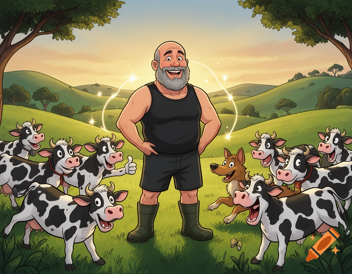 A cheerful cartoon farmer in a pasture with playful cows and a dog. One cow gives a thumbs up under a vibrant sunset.