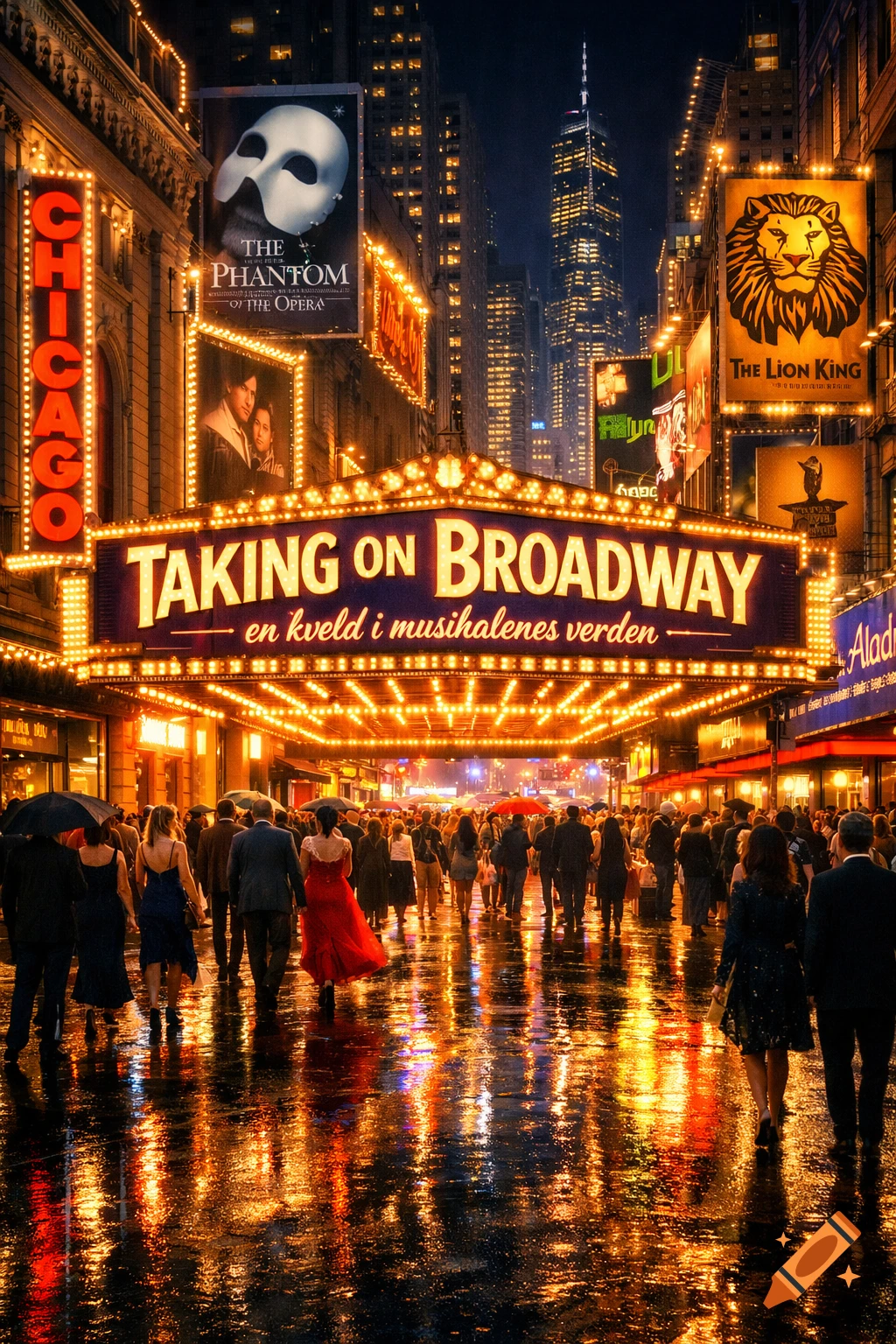 Photorealistic image of a crowded Broadway street at night, with bright theater marquees reflecting on the wet pavement as people walk.
