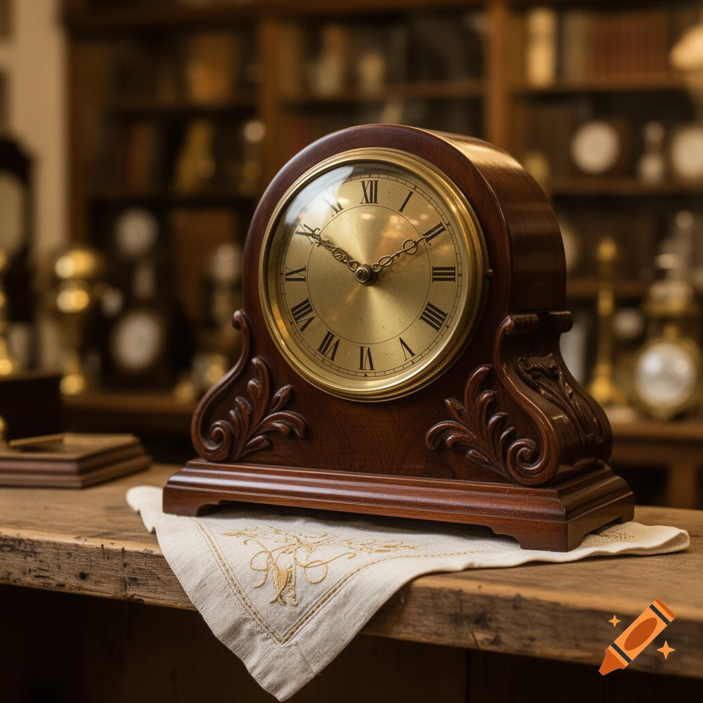 An ornate antique wooden mantel clock with a brass face and Roman numerals sits on a rustic wooden table with an embroidered linen cloth. Photorealistic.