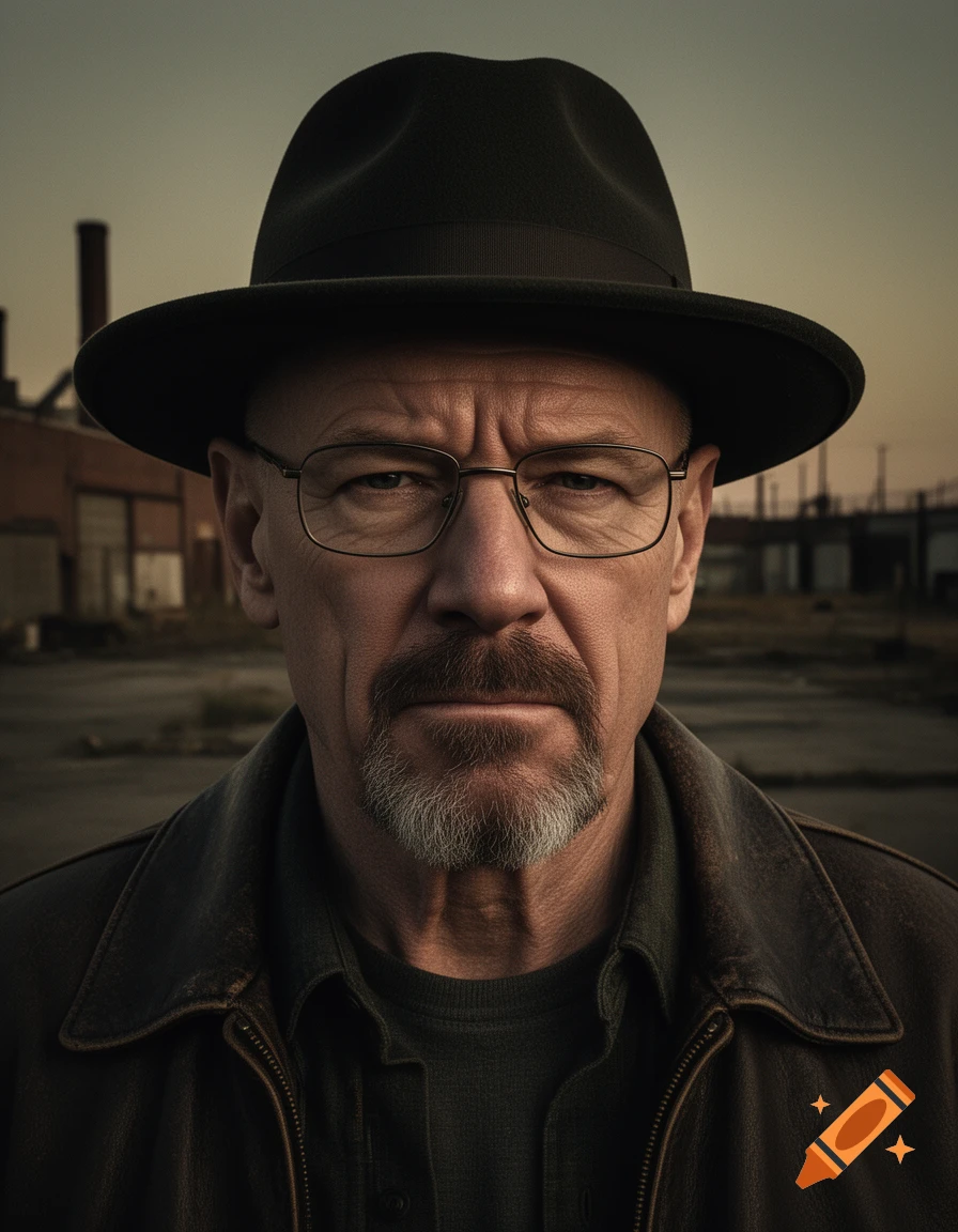A photorealistic portrait of a serious bald man with a goatee, glasses, fedora, and leather jacket, against an industrial background.