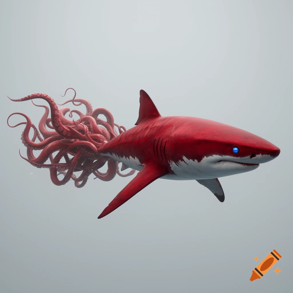 A vibrant red shark with bright blue eyes and numerous red octopus tentacles replacing its tail, swimming in clear light grey water.