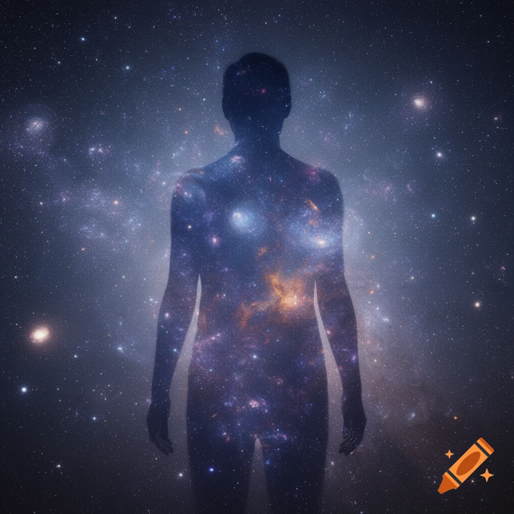 Silhouette of a human figure superimposed with a vibrant galaxy, standing against a dark, starry cosmic background.