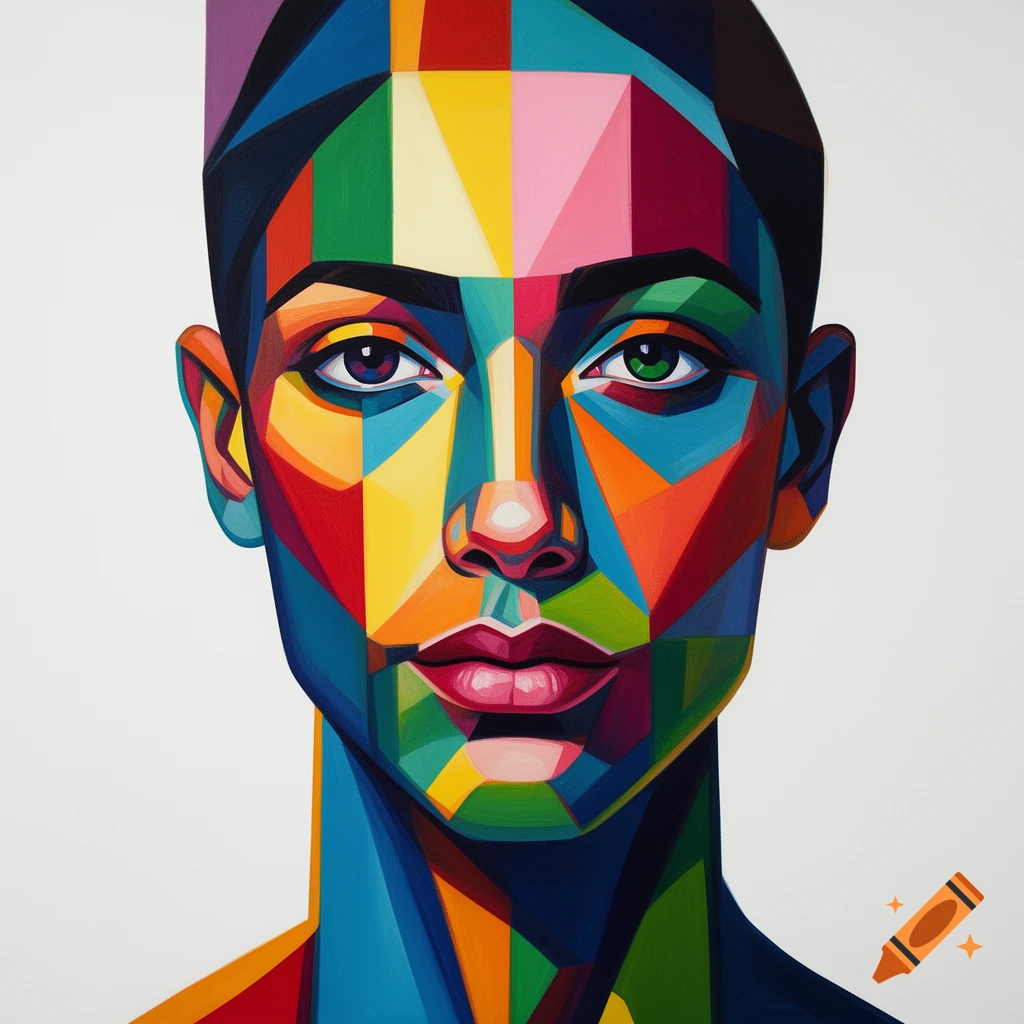 A frontal, abstract cubist-inspired portrait of a human face, segmented into bold, vibrant geometric color blocks against a white background.