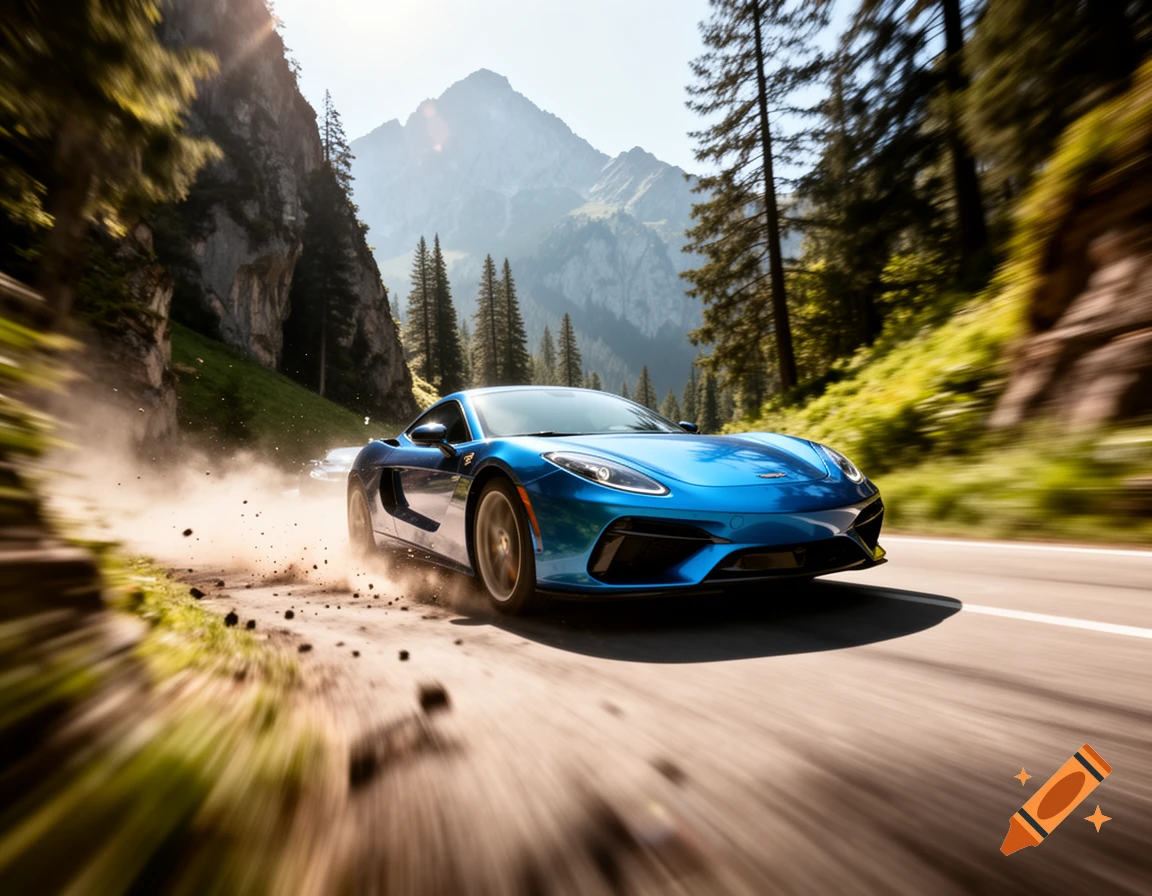 Blue sports car speeding on a mountain road, kicking up dust, with motion blur against a sunny, forested landscape.