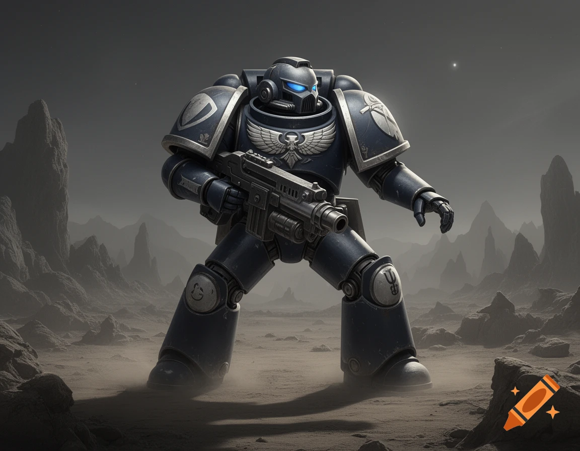 A heavily armored, dark blue space marine stands holding a large gun on a desolate, rocky alien planet under a dark sky, in a photorealistic style.