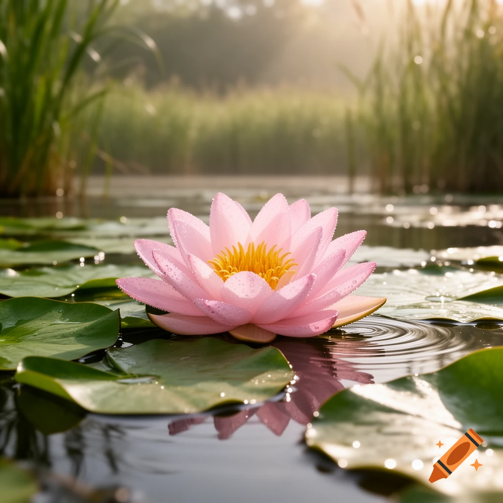 A vibrant pink lotus flower with water droplets floats on dark water, surrounded by lily pads and tall green reeds, bathed in soft sunlight.