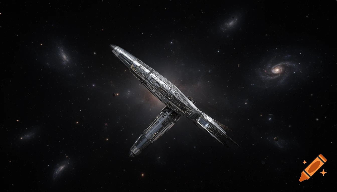 Two detailed silver rockets are jackknifed against a dark cosmic background with distant galaxies and stars.