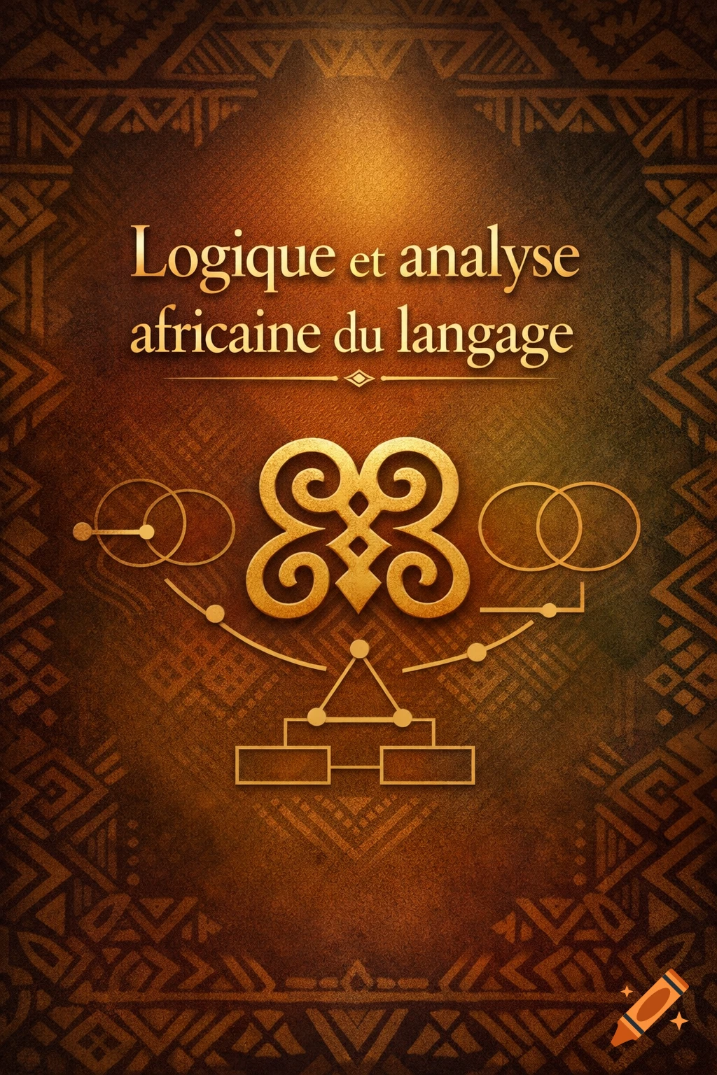 Logique et analyse africaine du langage book cover with gold Adinkra symbol, geometric patterns, and abstract diagrams on a brown background.