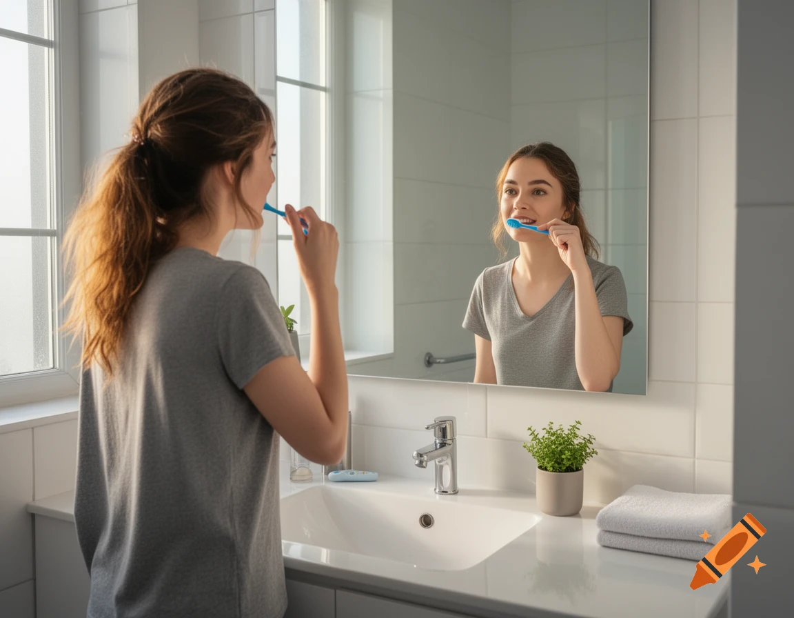 A woman with her hair in a ponytail brushes her teeth in a well-lit modern bathroom, looking at her reflection in the mirror.